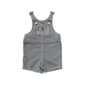 Vtg Ralph Lauren Polo Jeans RL Flag Baby Short Denim Pinstripe Overalls Bibs  2T